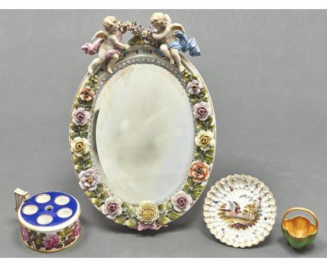 A Derby inkwell and quill holder, c1800,&nbsp;finely painted with continuous roses, 10cm diam, puce painted mark, an oval Sit