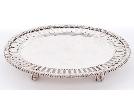 A Victorian oval silver card tray, with pierced border and cable rim, on four claw and ball feet, 15.5cm l, by F B Thomas &am