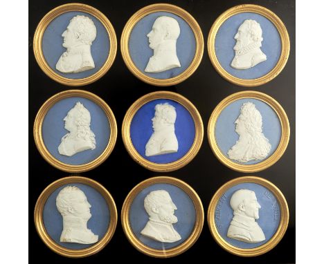 Nine Sevres and Paris pale or deep blue-washed biscuit porcelain portrait medallions of eminent men, early-mid 19th c, includ