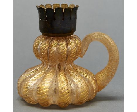 A Venetian glass chamber candlestick, second half 20th c, of deeply lobed, waisted form, on cushion base, brass sconce, 15cm 