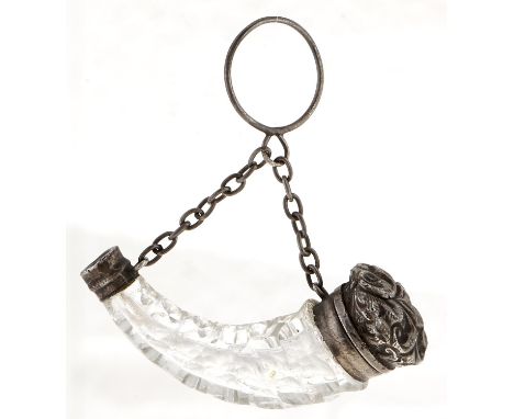 A Victorian silver mounted cut glass horn shaped scent bottle,&nbsp;55mm l, unmarked  Tiny split in lid visible when held up 