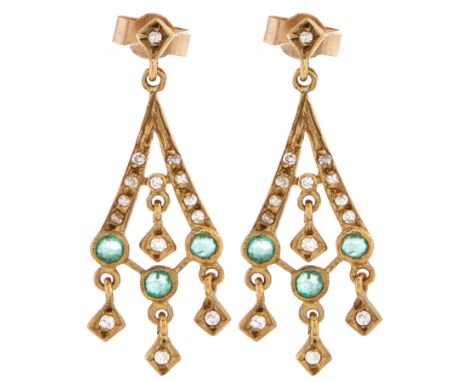 A pair of 9ct gold, diamond and emerald earrings, 2.1g 