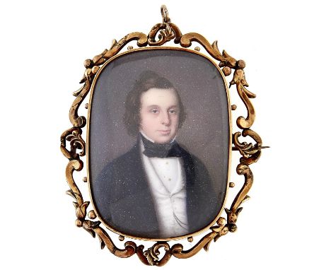 English School, c1850 - Portrait Miniature of a Gentleman, in gold brooch with inset hair, 66.9g  