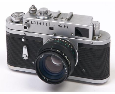 A Zorki 4K 35mm camera, with Jupiter-8 50mm F2 lens  In apparently working order, wear consistent with age, lens dusty / dirt