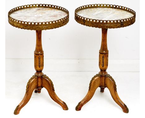 A pair of French giltmetal mounted limed wood tripod tables, with galleried marble top, late 20th c, 58cm h; 34cm diam  Good 
