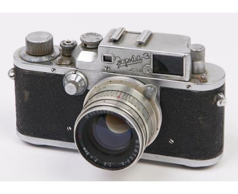 A Zorki 3 35mm camera, with Jupiter-8 50mm F2 lens  In apparently working order, wear consistent with age, lens dusty / dirty