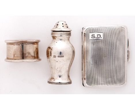 A George V silver lady's cigarette case, engine turned, 79mm, maker N C Co, Birmingham 1932, a silver pepper pot and a napkin