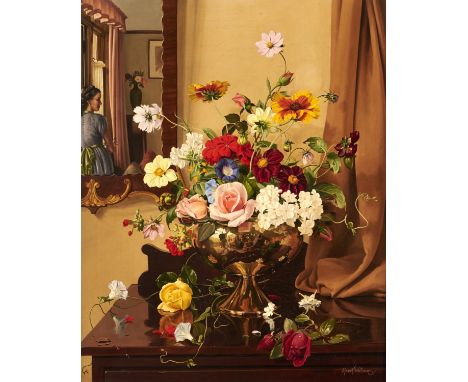 Albert Williams (1922-2010) - Flowerpiece with Portrait of a Young Woman Reflected in a Mirror, signed, oil on canvas, 59 x 4