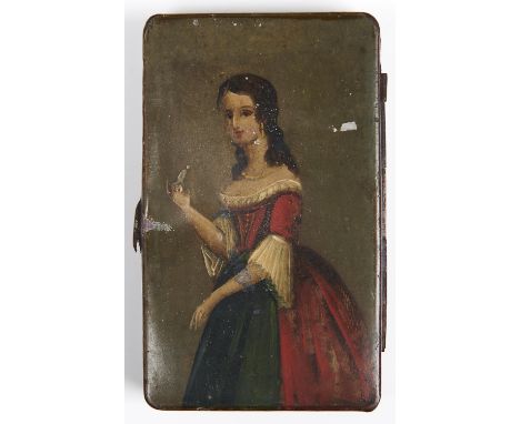 A japanned tinplate snuff box, 19th c, the lid painted with a three quarter length portrait of a lady in a red and green dres