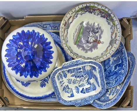 Various Victorian and later Willow pattern dinner ware, including meat plates, drainers, tureen bases, various manufacturers,