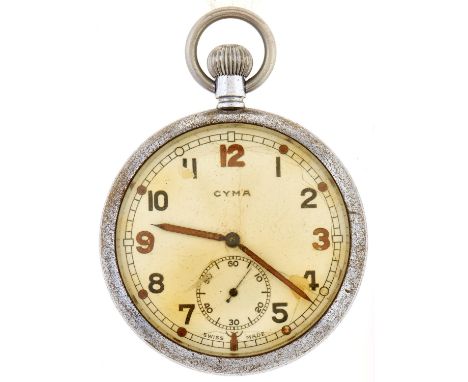 A WWII Cyma British Army issue chrome nickel watch, marked on caseback Broad Arrow G.S.T.P. M58348  Dial cracked and retouche