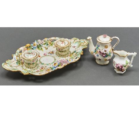A Coalport Coalbrookdale 'Strephon ink[stand]', c1830, a contemporary toy teapot and cover and a similar jug, inkstand 30cm l