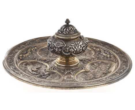A Victorian parcel gilt electrotype inkwell, c1884,&nbsp;by Elkington &amp; Co, the reservoir with cast masks and leafage, hi