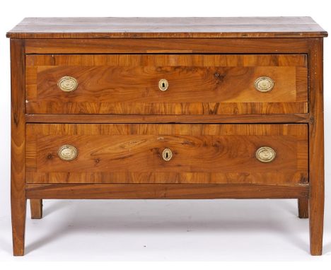 A North Italian walnut and crossbanded commode, 19th c, with later brass handles, 79cm h; 55 x 112cm  Old scratches and shrin