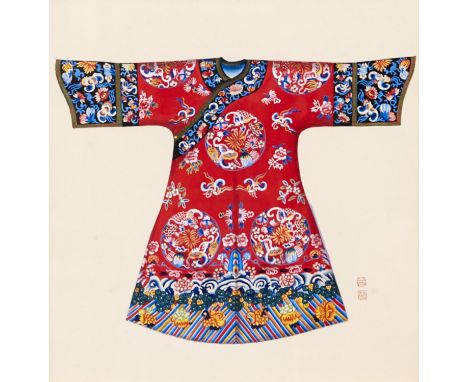 Chinese School, 20th c - Mandarin Robes, a pair, gouache on paper, with red seal, 30 x 30cm (2)  Good condition