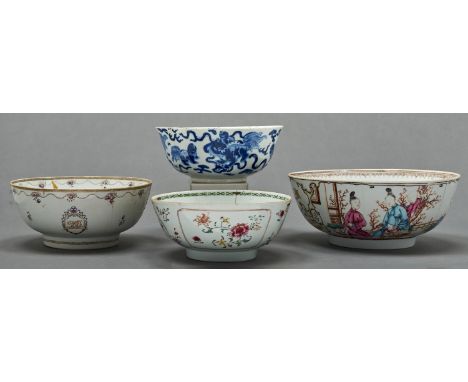 A Chinese export famille rose bowl, c1790, with initials R A F borne on an oval medallion pendant from purple ribbons and ena