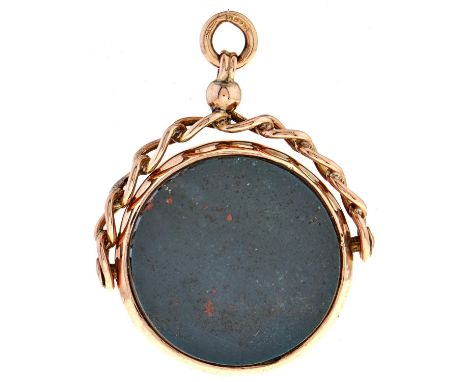 A gold and bloodstone fob swivel, c1900, 40mm, marked 9ct  Light wear and dents