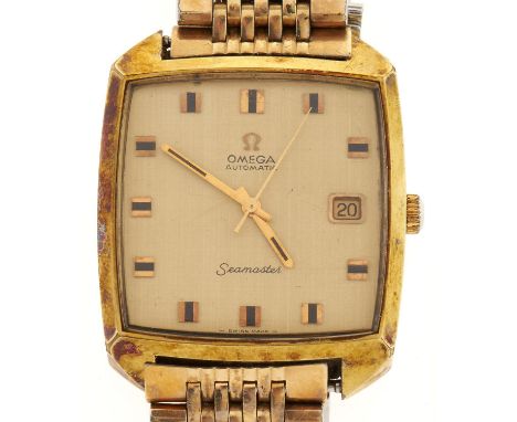 An Omega&nbsp;gold plated cushion shaped self-winding gentleman's wristwatch,&nbsp;Seamaster, maker's bracelet and box  Light