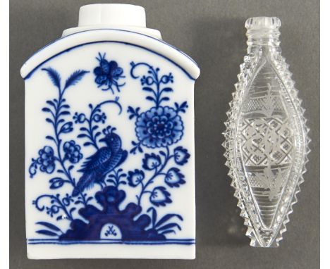 A Meissen blue and white tea caddy, 19th / 20th c, 96mm h, crossed swords and an English Regency engraved and cut glass scent