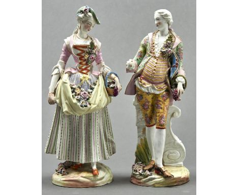 A pair of French porcelain figures of a lady and gallant, late 19th c, in Meissen style of flower and fruit gatherers, 41cm h