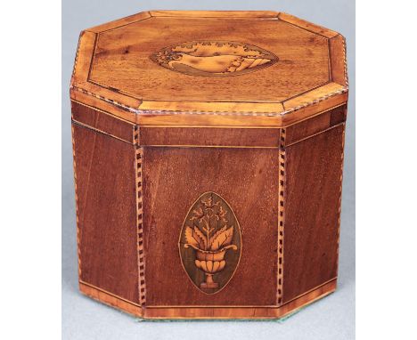 A George III mahogany and satinwood inlaid octagonal tea caddy, 13cm h; 13 x 9cm  Hinges later replacement, an old repair to 