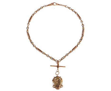 A gold albert, early 20th c, with T-bar, 42.5cm l, links individually marked 9c and a contemporary pierced 9ct gold watch bow
