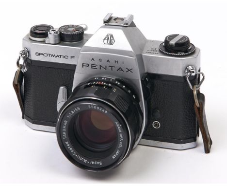 An Asahi Pentax Spotmatic F SLR 35mm camera, with super multi coated Takumar 55mm F1.8 lens  Apparently mechanically working,