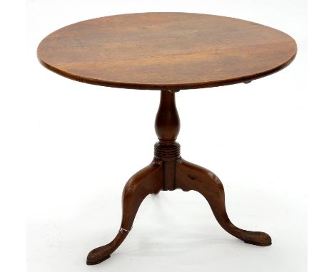 A George III oak tripod table, early 19th c, the round top on baluster pillar, 67cm h; 81cm diam  Scuffs, marks and light scr