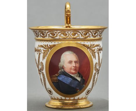 A Sevres cup, tasse a chocolat 'AB', c1820, painted by [Abraham] Constantin, signed, with Louis XVIII, King of France, in dar