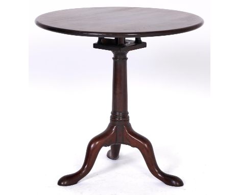 A George III mahogany tripod table, the tilt top with birdcage action, 75cm diam  Solid on legs, minor scuffs and scratches c