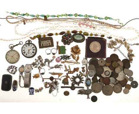 Miscellaneous antique and vintage costume jewellery, to include a silver lever watch, lighters, coins, Victorian papier mache