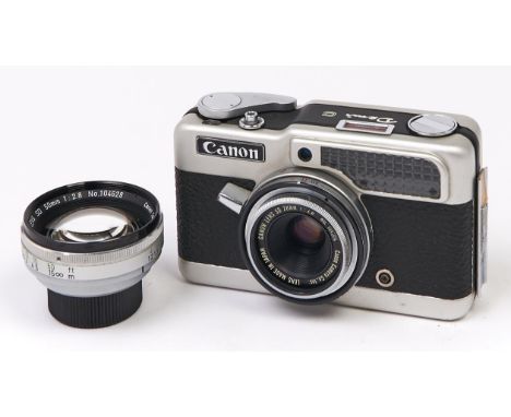 A Canon Demi C half frame 35mm film camera, with Canon SD 28mm F2.8 lens, Canon SD 50mm F2.8 lens, with caps and original Dem