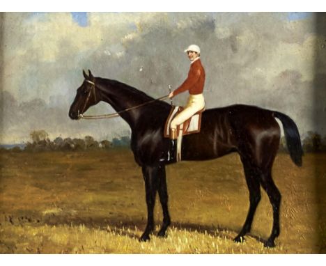 Manner of John Frederick Herring - Portrait of a Racehorse with Jockey up, oil on panel, 17 x 22.5cm, earlier associated bird