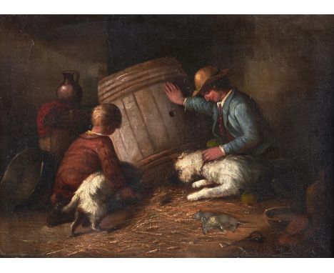 Circle of George Armfield - Two Boys with Terriers Ratting in a Barn, oil on canvas, 39 x 54.5cm  Lined / restored many years