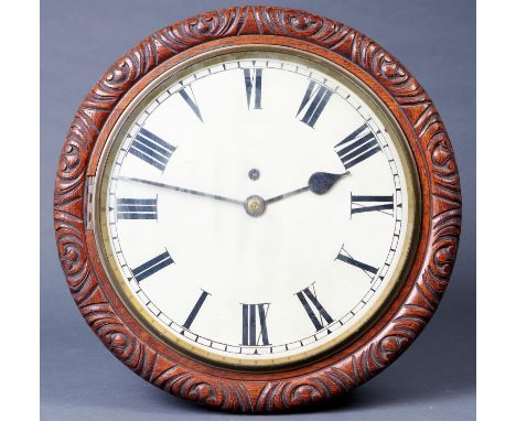 A Victorian oak wall timepiece, late 19th c,&nbsp; with painted dial and chain fusee movement, leaf carved surround, pendulum