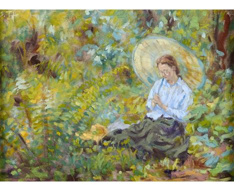 Sheila Tiffan (1952 - ) - Portrait of the Artist in Lamorna Woods, signed and inscribed on the stretcher, oil on canvas, 29 x