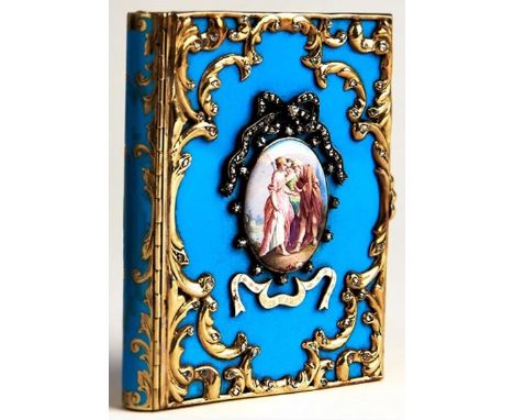 A French diamond and gold and enamel mounted book shaped double miniature frame, 19th c, with two engraved giltmetal leaves i