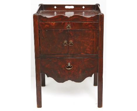 A George III mahogany tray top commode, c1800, with pierced gallery and drop drawers, 79cm h; 45 x 54cm  Top stained and spli