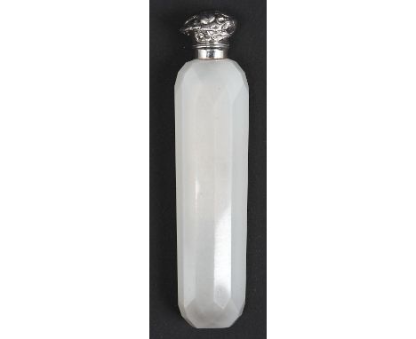 A Victorian silver mounted faceted opal glass scent bottle, c1880, 13.5cm h, unmarked  Cap dented but not split or holed