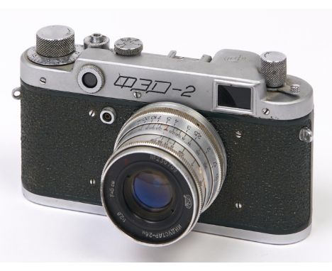 A Soviet Russian green body FED-2 SLR 35mm camera, made in USSR, with FED 5cm F2.8 lens  In apparently working order, good co