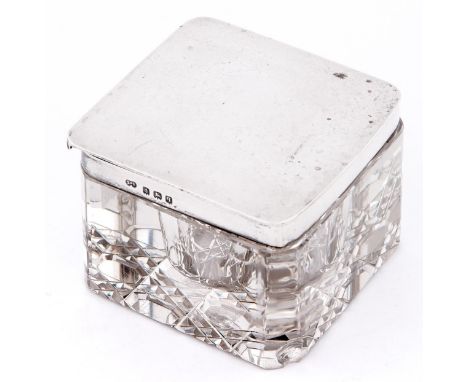 A George V silver mounted square glass inkwell, 65 x 67mm, by Synyer &amp; Beddoes, Birmingham 1915  Chipped on one corner, l