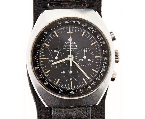 An Omega stainless steel gentleman's chronograph wristwatch,&nbsp;Speedmaster Professional Mk II,&nbsp;on a black leather str