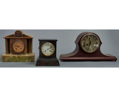 A Victorian green onyx mantel clock, c1880,&nbsp; architectural pediment above a projecting front with circular dial with Ara