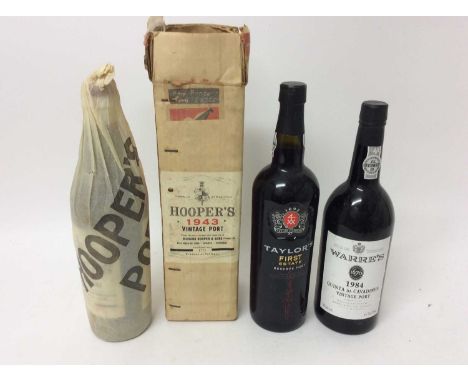 Port - three bottles, Hooper’s 1943, in ordinal wrapping and card case, Warre’s 1984 and Taylor’s First Estate Reserve port