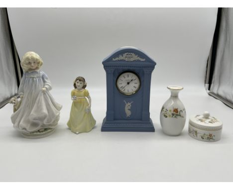 Royal Doulton - Hope HN3061, Royal Doulton - Flowers For You HN3889, Wedgewood Clock, Wedgewood Small Vase and Trinket Box. 
