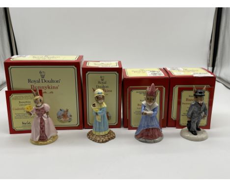 Four Boxed Royal Doulton Bunnykins Figurines to include Cinderella Bunnykins, Judy Bunnykins, Sundial Bunnykins, Businessman 