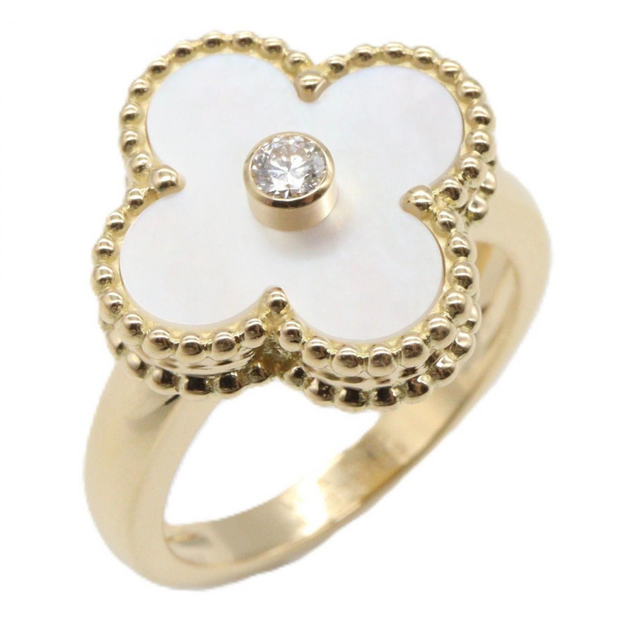 Van Cleef & Arpels Vintage Alhambra 1-Piece Mother-of-Pearl Ring, 18K Yellow Gold with Diamonds and