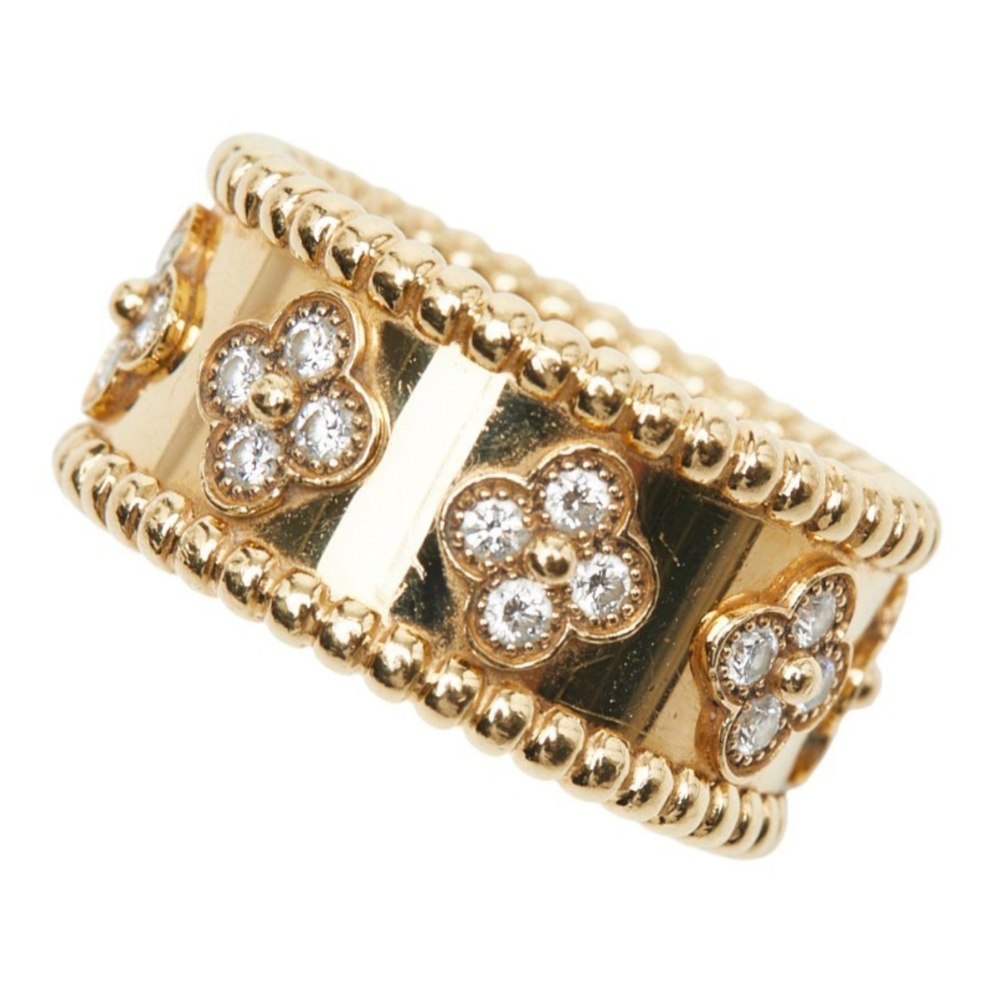 Van Cleef & Arpels 18K Yellow Gold (Au750) Diamond Perle Clover Ring, Medium Model, #55, Women's