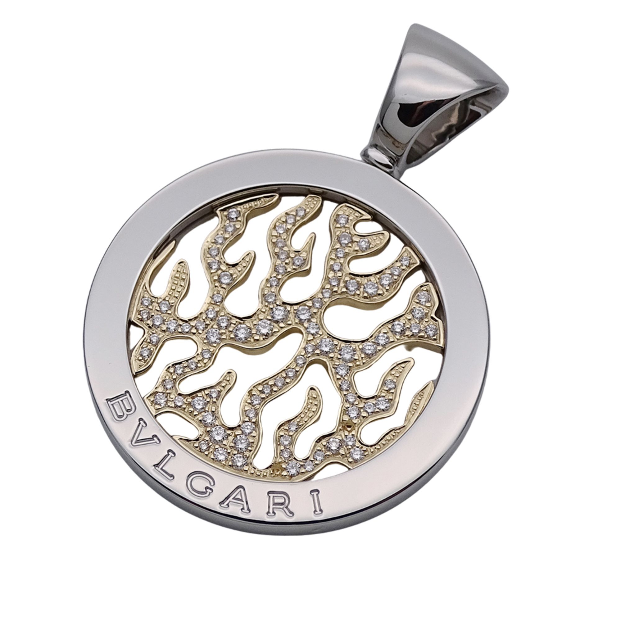 BVLGARI pendant top for men and women, stainless steel 750YG with diamonds, fire tondo, silver, or g