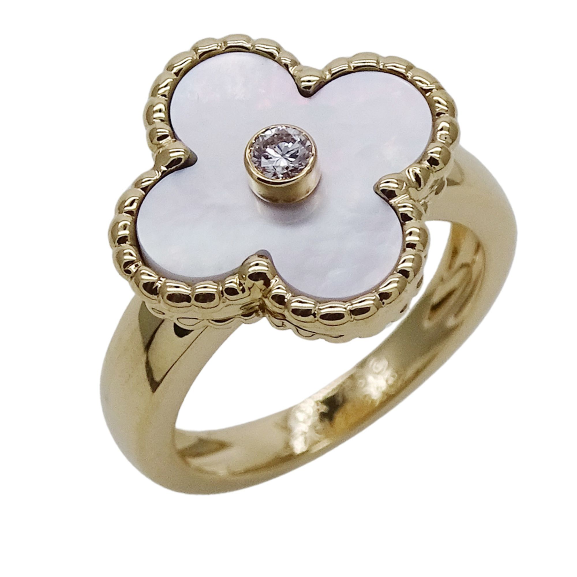 Van Cleef & Arpels Vintage Alhambra Ring, Women's, 750YG Mother-of-Pearl, Single Diamond, Yellow Gol